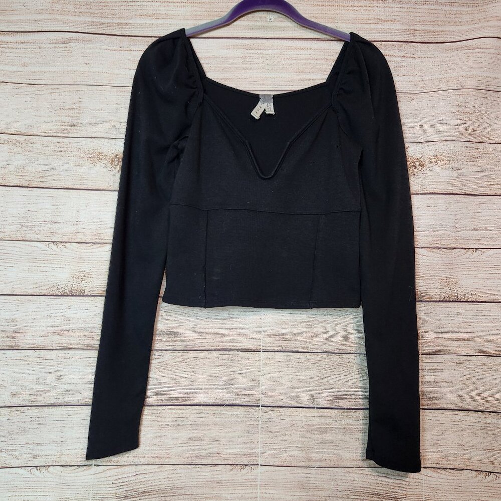 We The Free Free People Babydoll Cropped Top Long Sleeve Black Women's Size S/P